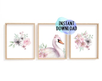Printable Swan Artwork | Floral Swan Print | Digital Download Swan Print Set