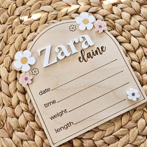 Plaque nominative florale pour bébé | Plaque nominative pour faire-part de naissance | Arche de l'arrivée de bébé à l'hôpital | Signe de statistiques de naissance de bébé