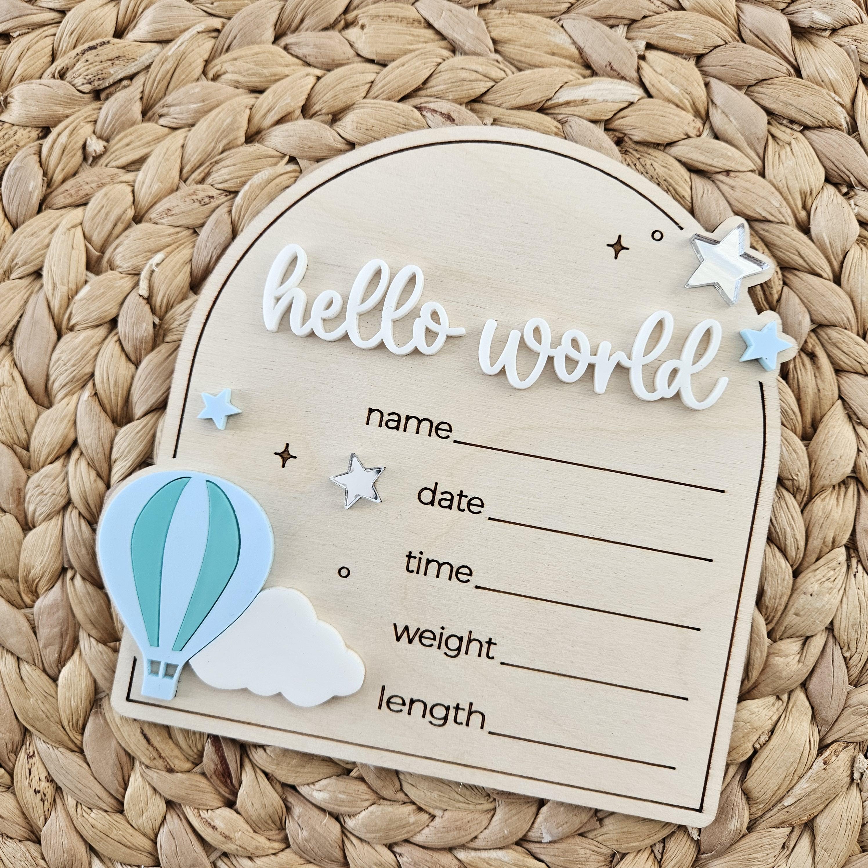 Baby Announcement Sign – Hello World Newborn Board With Hot Air Balloon, Nursery Wall Decor