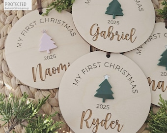 Personalized Baby's First Christmas Ornament: Baltic Birch, Custom Name & Year