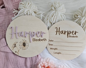 Newborn Birth Disc | Daisy Birth Announcement Name Sign | Double-Sided Hospital Sign with Birth Stats | Baby Photo Prop