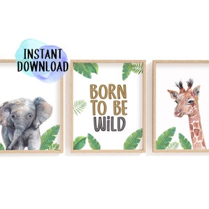 Jungle Animal Printables | Born to Be Wild | Elephant, Giraffe and Jungle Leaves Print Set