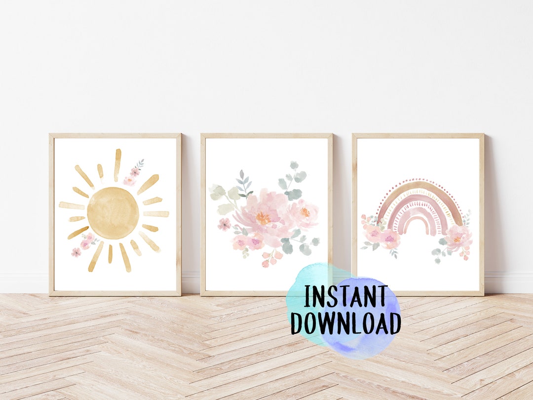 Printable Boho Floral Nursery Wall Art | Set of Three Boho Prints ...