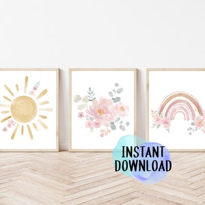Printable Boho Floral Nursery Wall Art | Set of Three Boho Prints | Sunshine, Rainbow and Flowers