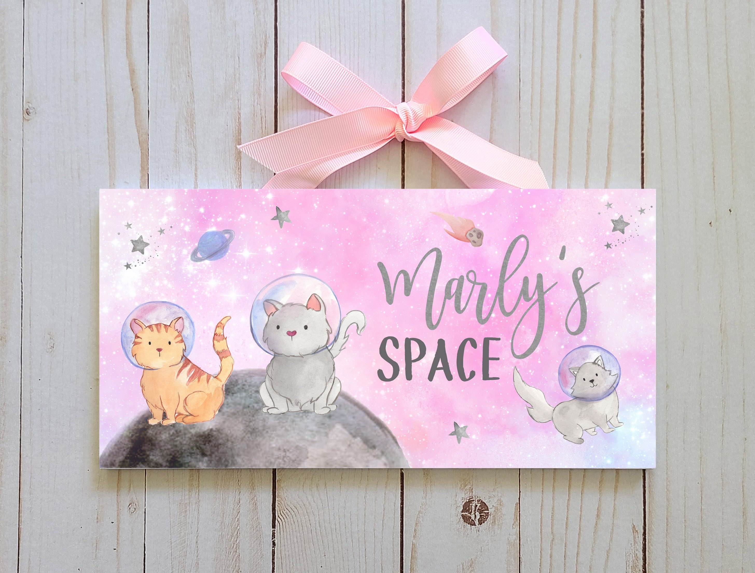 Personalized Space Cats Door Sign | Pink Galaxy Nursery Decor - Etsy