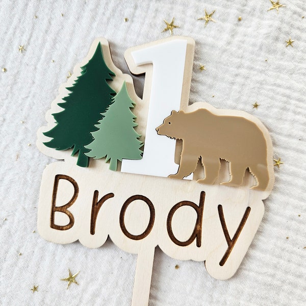 Personalized Brown Bear Cake Topper | Bear and Pine Trees Cake Topper | Forest Birthday Party | Woodlands Cake Topper