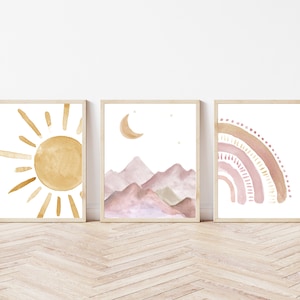 Boho Nursery Print Set | Watercolour Playroom and Nursery Print Set of Three | Sunshine, Mountains and Rainbow Prints