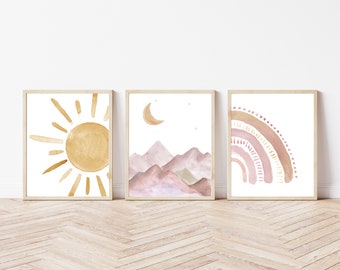 Boho Nursery Print Set | Watercolour Playroom and Nursery Print Set of Three | Sunshine, Mountains and Rainbow Prints