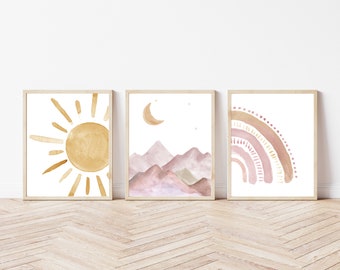 Boho Nursery Print Set | Watercolour Playroom and Nursery Print Set of Three