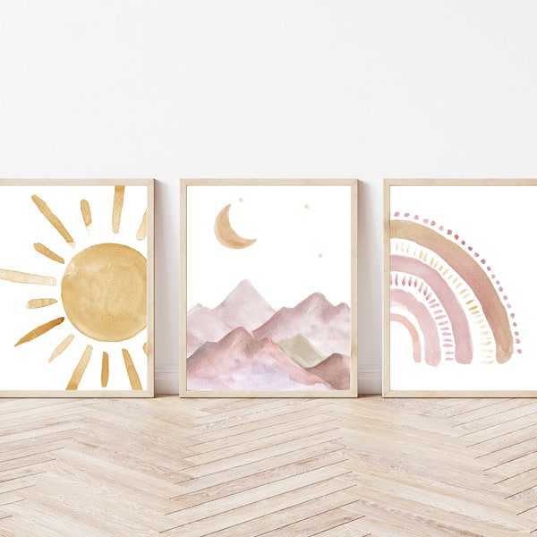 Boho Nursery Print Set | Watercolour Playroom and Nursery Print Set of Three | Sunshine, Mountains and Rainbow Prints