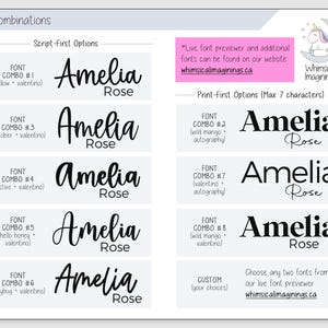 May include: A white informational chart titled Font Combinations displaying various black text examples of the name Amelia Rose in different script and print styles. The chart includes labels for Script-First and Print-First options, plus a website link.