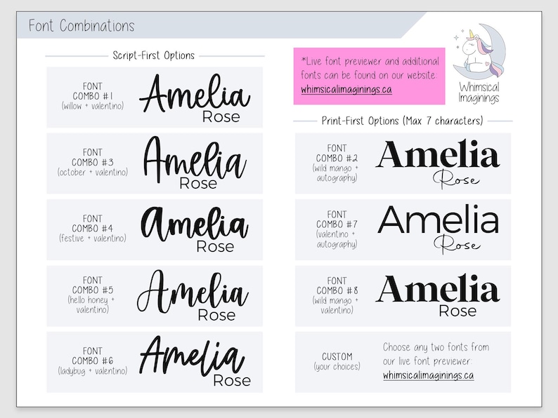 May include: A white informational chart titled Font Combinations displaying various black text examples of the name Amelia Rose in different script and print styles. The chart includes labels for Script-First and Print-First options, plus a website link.