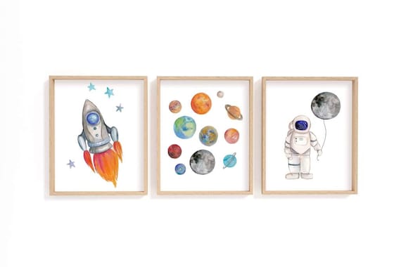 Watercolor Space Prints | Astronaut, Planets, Rocketship, Set of 3