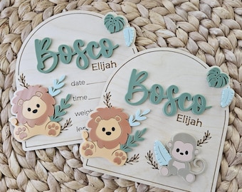 Lion Baby Name Sign | Jungle Themed Newborn Birth Announcement Name Plaque | Arch Baby Arrival Hospital Sign | Newborn Footprint Plaque