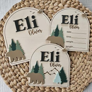 Bear and Pine Trees Baby Name Sign | Newborn Birth Announcement Name Plaque | Arch Baby Arrival Hospital Sign | Newborn Footprint Plaque