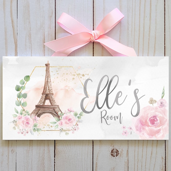 Personalized Eiffel Tower Name Sign | Pink, Gray and Gold Paris Sign | Bedroom Door Sign