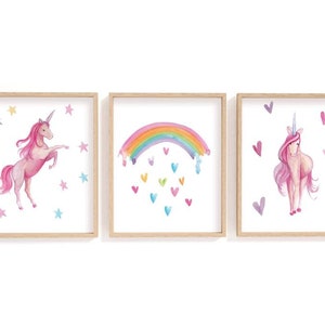 Printable Unicorn Wall Art/ set of 3 unicorn, rainbow and hearts prints for nursery or child&#39;s room, dream big