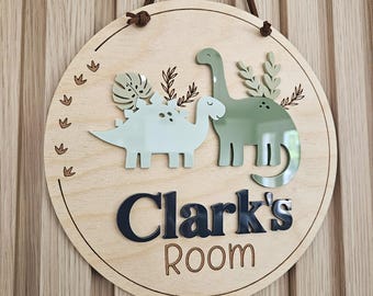 Dinosaur Bedroom Door Name Sign | Children's Name Plaque | Name Sign for Door | Personalized Dinosaur Name Sign