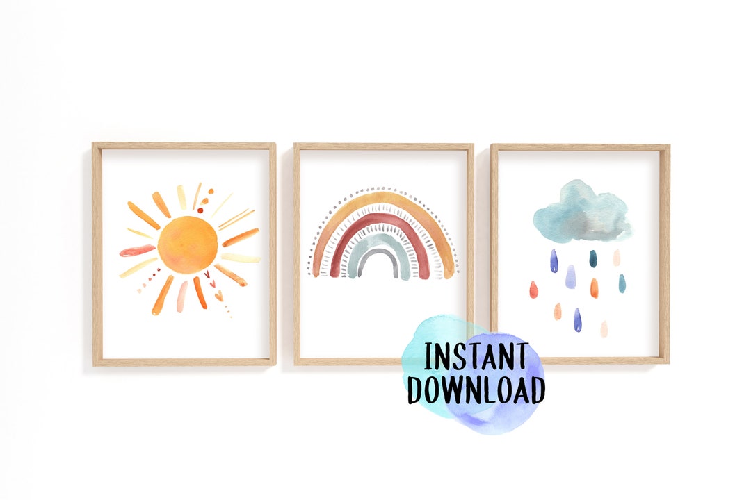 Watercolor Weather Nursery Print Set, Rainbow, Sunshine, Cloud (digital ...