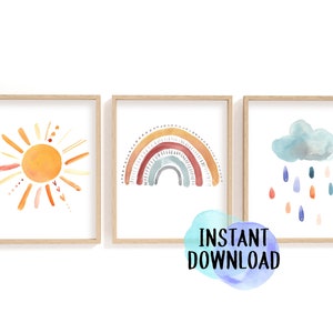 Watercolor Weather Nursery Print Set, Rainbow, Sunshine, Cloud (Digital Download)