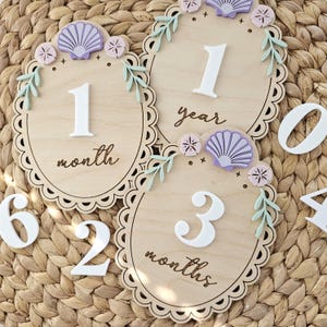 May include: Wooden milestone plaques with scalloped edges, featuring numbers and the words "month" and "year." Adorned with seashell and floral accents. Additional white numbers are scattered around the plaques.