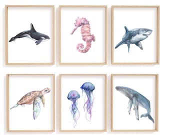 Watercolor Ocean Animal Print Set | Nautical Nursery Art