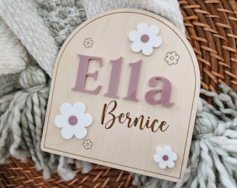 Arch Newborn Baby Name Sign | Floral Birth Announcement Name Plaque | Baby Arrival Hospital Sign