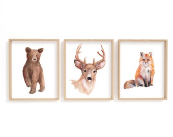 Woodland animal watercolour Prints/ bear, fox and deer prints/ animal nursery prints