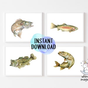 May include: Four framed watercolor prints of fish: a largemouth bass, a rainbow trout, and two other fish. The prints are on a white background. The words "INSTANT DOWNLOAD" are in the center of the image.