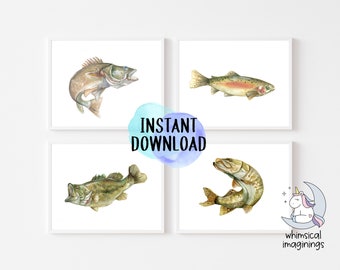 May include: Four framed watercolor prints of fish: a largemouth bass, a rainbow trout, and two other fish. The prints are on a white background. The words "INSTANT DOWNLOAD" are in the center of the image.
