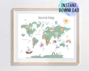 Animal World Map Print | Watercolor Educational Art (Digital Download)
