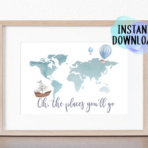 Carte du monde imprimable pour enfants | Les endroits où vous irez | Aquarelle Nursery Carte du monde