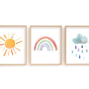 Watercolour Sunshine, Rain Cloud and Rainbow Print Set