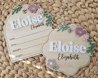 Enseigne florale de faire-part de nom de bébé | Plaque de stat de naissance fleurs sauvages