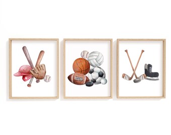 Watercolour Sports Print Set | Nursery Wall Art | Hockey, Football, Baseball, Basketball Themed Wall Decor