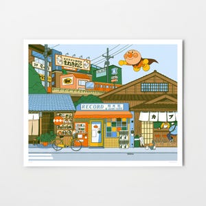 May include: A colourful illustration of a Japanese street scene featuring a record store, a cafe and a flying superhero. The record store has a sign that reads "RECORD" and "日東株式会社". The cafe has a sign that says "カフ". The superhero is flying in the air and has a yellow cape. The illustration is in a cartoon style.