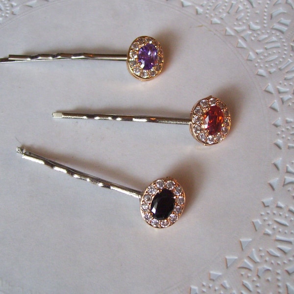 Rhinestone hair pin - jeweled hair pin - red rhinestone hair pin - amethyst hair pin - black onyx hair pin - repurposed jewelry