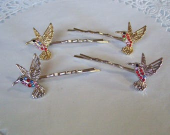 Hummingbird hair pin - repurposed jewelry - jeweled hair pin - hair accessories - bird hair pin - friend gift - rhinestone hair pin