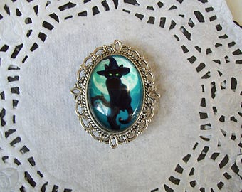 Imán de gato negro - joyería reciclada - imán de Halloween - decoración de Halloween - imán de gato bruja - regalo de Halloween - imán de joyería