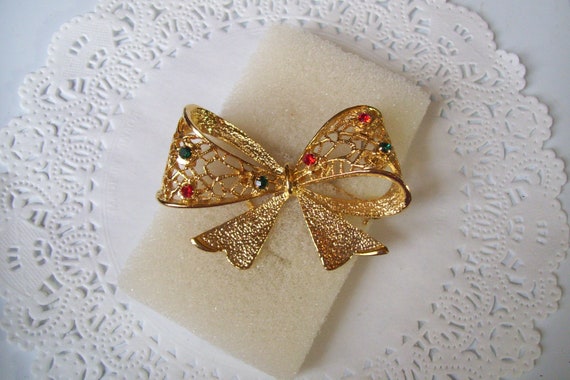 Christmas ribbon brooch - rhinestone ribbon brooc… - image 9
