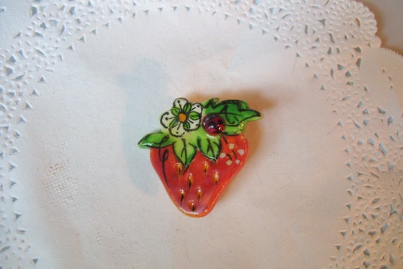 Strawberry brooch - Strawberry pin - Lady bug pin
