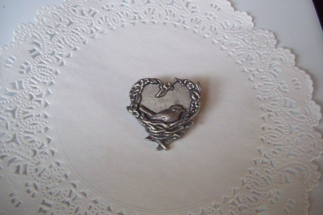 Pewter Bird Brooch Bird Nest Brooch Birds and Bloom Pewter Bird Pin
