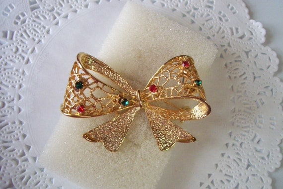 Christmas ribbon brooch - rhinestone ribbon brooc… - image 10