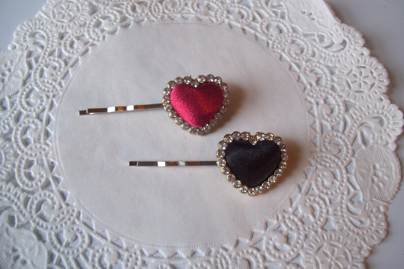 Valentine hair pin hair accessories Heart Hair Pin Red Heart hair pin Rhinestone hair pin Black Heart hair pin repurposed jewelry