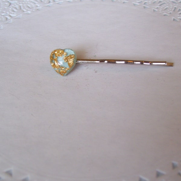 Heart hair pin - gold hair pin - repurposed jewelry - blue heart hair pin - hair accessories