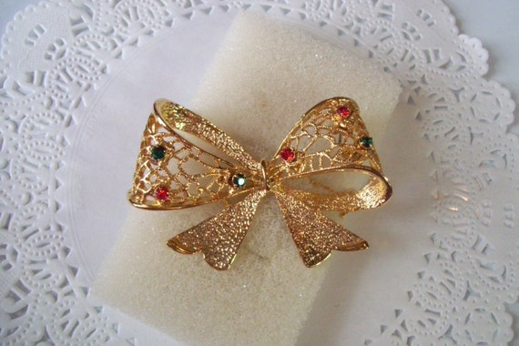 Christmas ribbon brooch - rhinestone ribbon brooc… - image 1