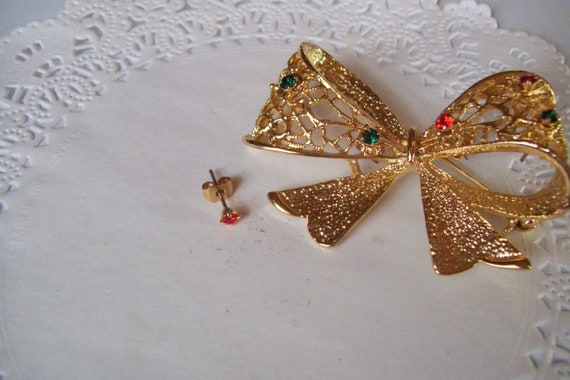 Christmas ribbon brooch - rhinestone ribbon brooc… - image 7