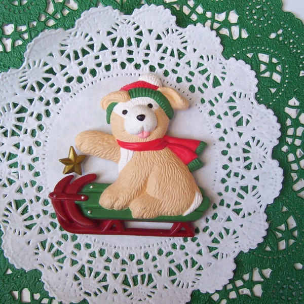 Christmas magnet - Dog magnet - Christmas dog magnet - sled magnet - repurposed jewelry - vintage Hallmark - Christmas decor - Secret Santa