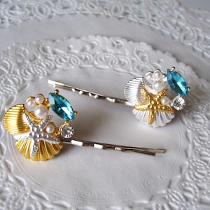 Starfish hair pin - Sea Shell hair pin - beach hair pin - pearl hair pin - jeweled hair pin - repurposed jewelry - hair accessories