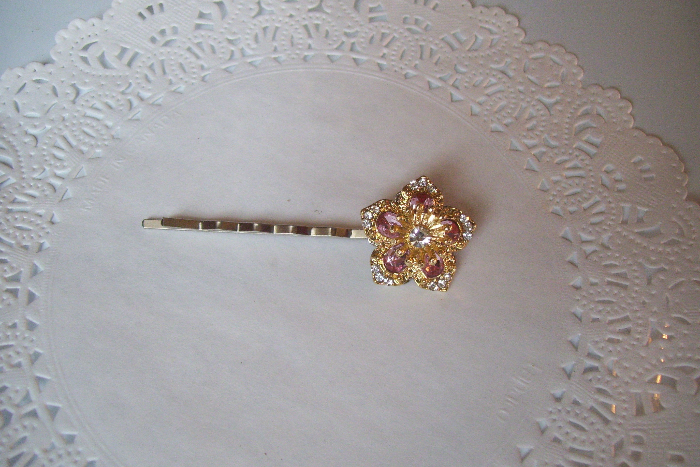 Flower Hair pin - Jeweled Hair pin - pink flower hair pin - rhinestone hair pin - repurposed jewelry - rhinestone jewelry